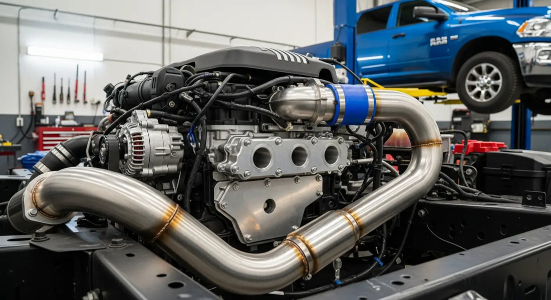 6.7L Cummins engine bay with EGR delete kit installed, showing billet aluminum cooler bypass hardware and 5-inch stainless DPF delete exhaust pipe on a 2019-2021 Ram 2500
