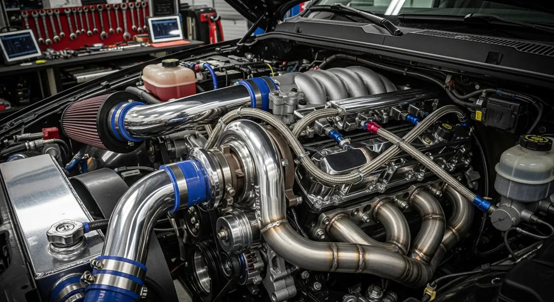 Modified diesel truck engine bay featuring turbocharger and cold air intake components for performance enhancement.