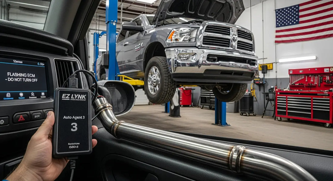 Modified diesel truck engine bay showing DPF delete kit components installed for performance tuning upgrade