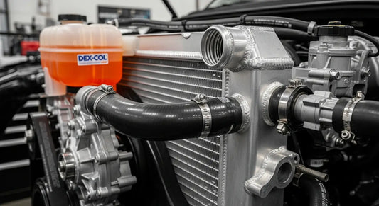 Close-up of Duramax diesel engine cooling system with radiator and coolant hoses visible.