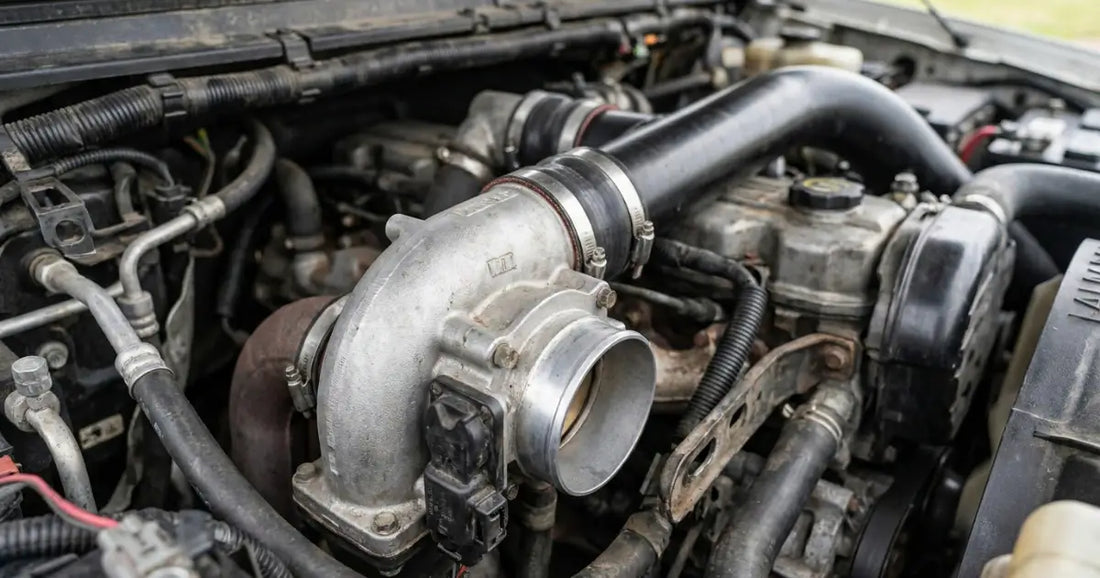 Close on the intake throttle and intake plumbing of a 6.7-litre Cummins INLINE-SIX turbo diesel in a Ram heavy-duty pickup engine bay