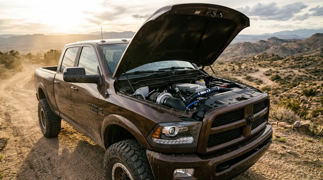 6.7 Cummins EGR delete kit installed on Ram 2500 off-road truck showing block-off plates on intake manifold