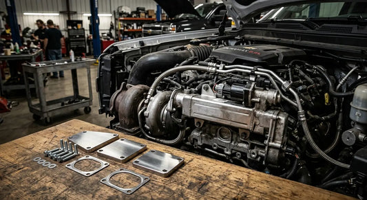 L5P Duramax EGR delete kit components including block-off plates and coolant reroute hardware laid out next to a 6.6L Duramax engine bay