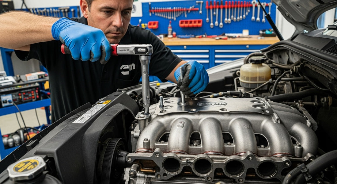 Modified diesel truck engine bay showing EGR system components and aftermarket delete kit installation.