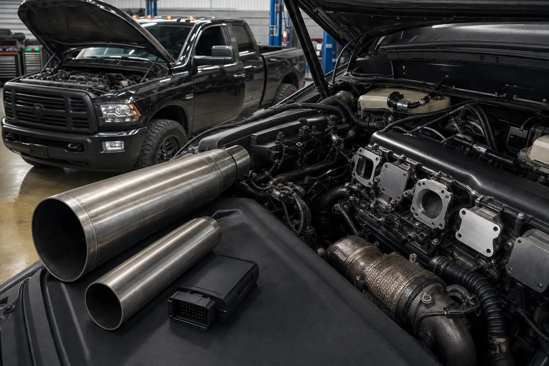 6.7 Cummins EGR and DPF delete kit components including block-off plates, 4-inch delete pipe, and EZ Lynk tuner for Ram 2500/3500