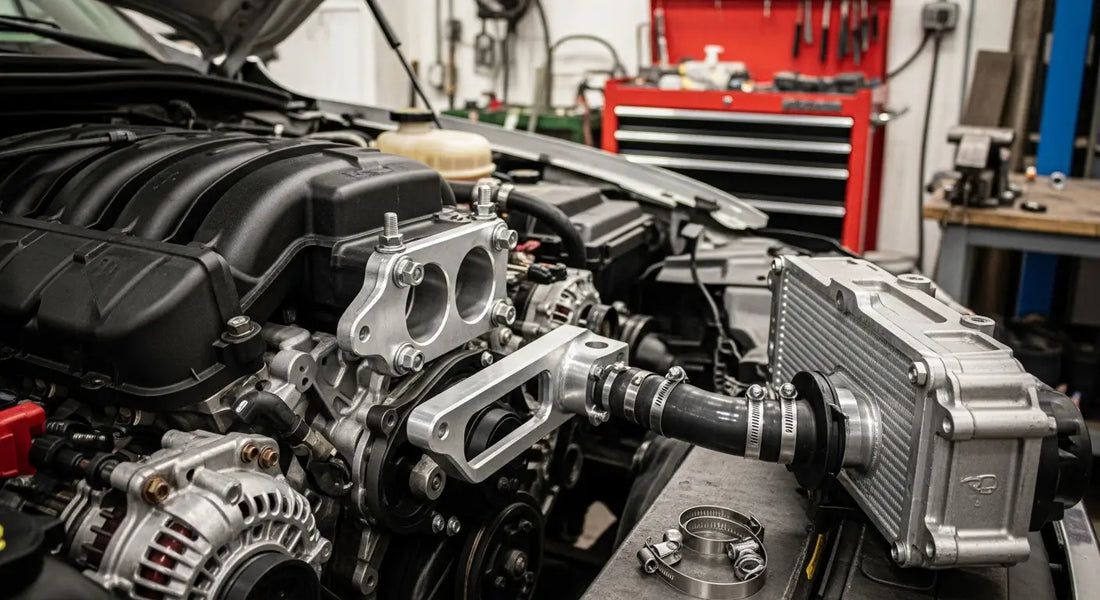 Modified diesel truck engine bay showcasing upgraded EGR cooler system and performance modifications for truck enthusiasts.