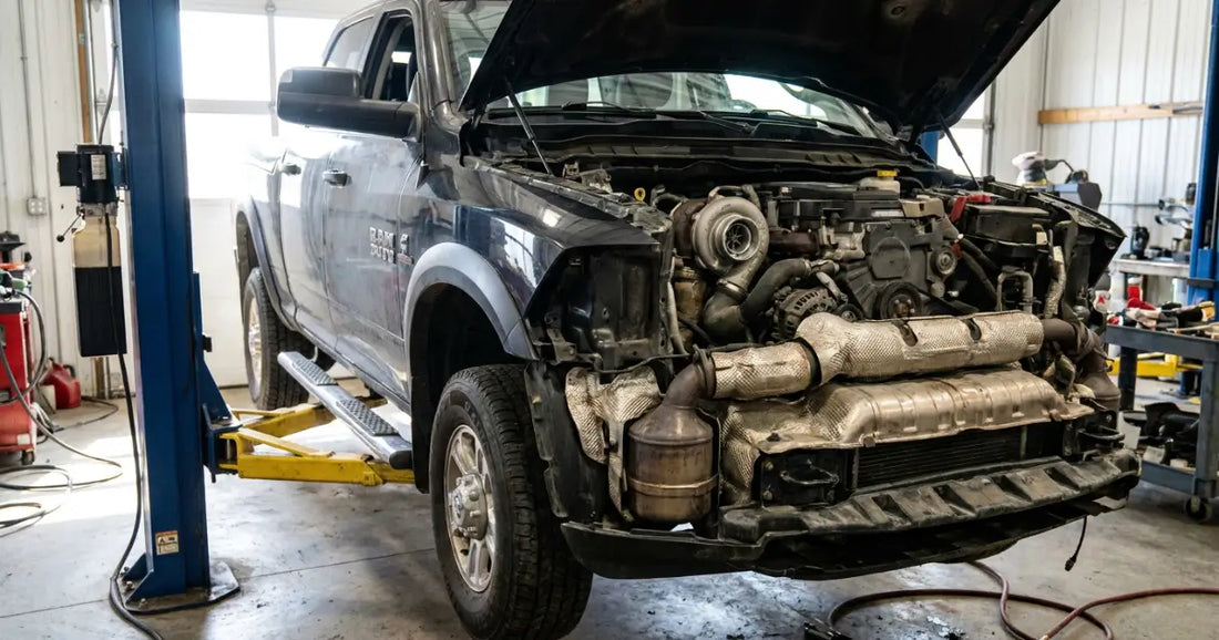 A Ram heavy-duty pickup on a workshop lift, hood up, 6.7-litre Cummins INLINE-SIX turbo diesel and the exhaust aftertreatment section both visible