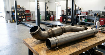 A bent exhaust pipe and a straight pipe with clamps lie on a wooden workbench in a repair shop with empty vehicle lifts.