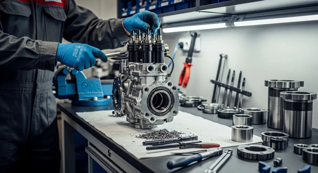 Close-up view of 6.7 Cummins CP4 fuel injection pump showing internal damage and wear components.