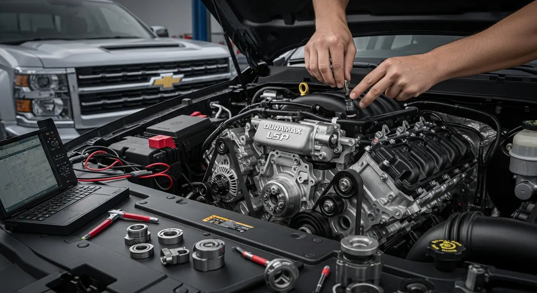 Close-up view of L5P Duramax engine knock sensor location on diesel truck engine block.