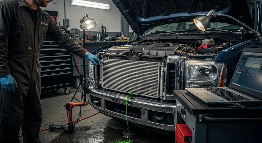 Close-up of 6.7 Powerstroke diesel engine radiator showing coolant leak inspection and repair work