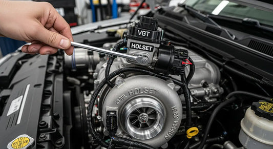 Mechanic inspecting L5P Duramax turbo VGT actuator for sticking issues during diesel engine repair