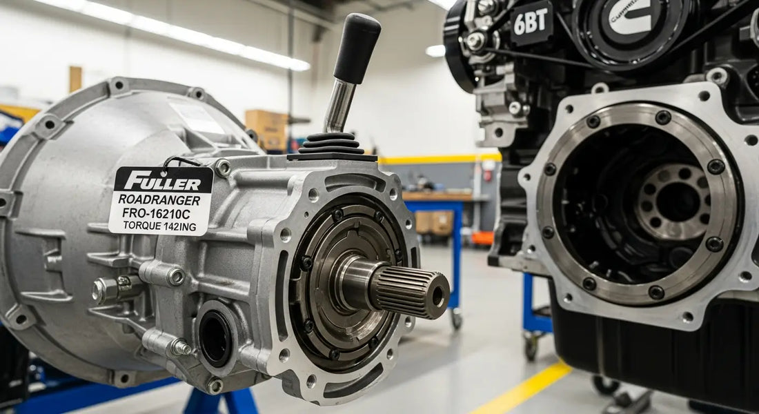 High-performance Cummins diesel engine paired with Fuller RoadRanger transmission shifter assembly.