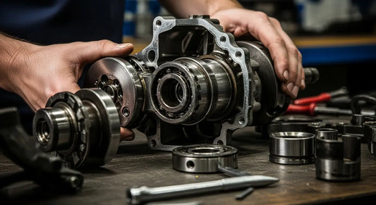 Close-up of GM 3.0L Duramax diesel engine showing internal thrust bearing components and crankshaft assembly.