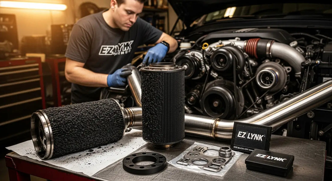 Modified diesel truck engine bay showing cleaned EGR valve and DPF filter components after delete system installation