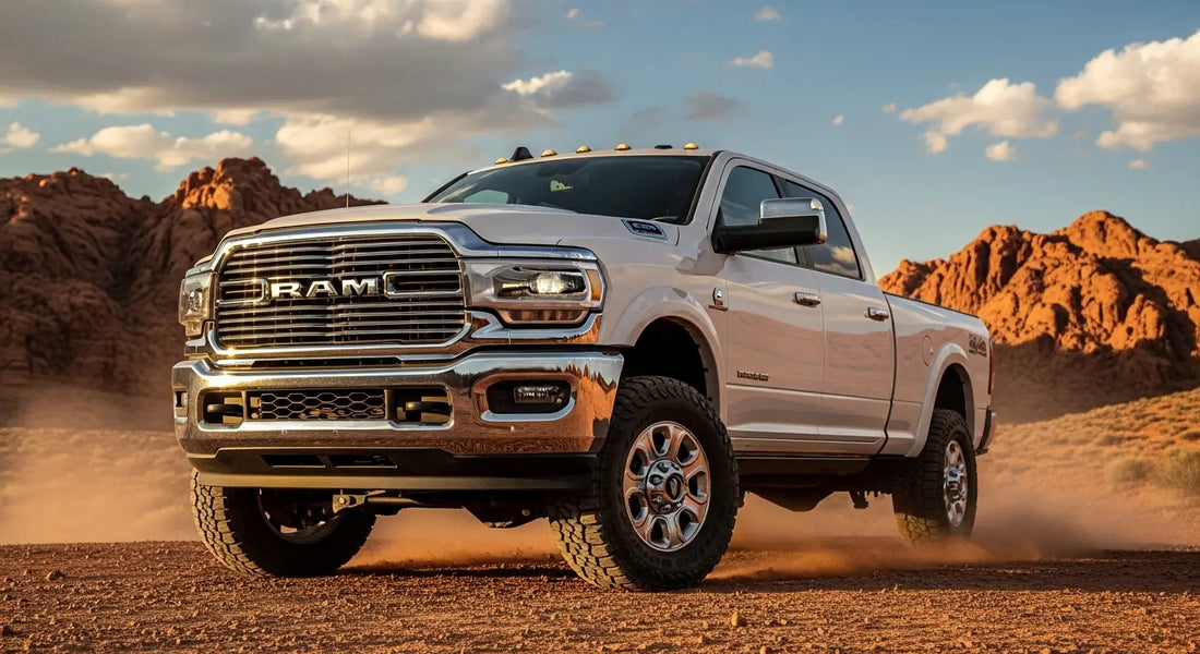 Heavy-duty diesel truck navigating rocky mountain terrain with reinforced suspension system visible underneath.