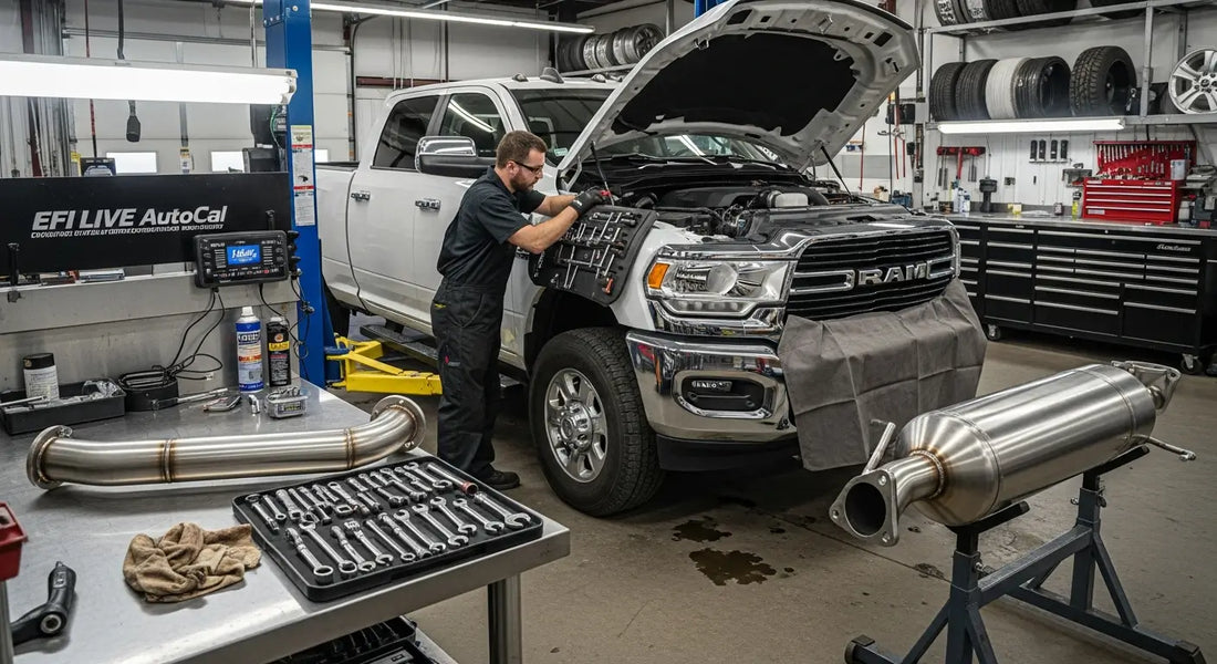 6.7L Cummins EGR delete kit installation on a Ram 2500, showing block-off plate on intake manifold, 5-inch DPF delete exhaust pipe, and EFI Live AutoCal V3 tuner staged for OBD-II flash — full delete bundle components for 2013–2021 Ram Cummins