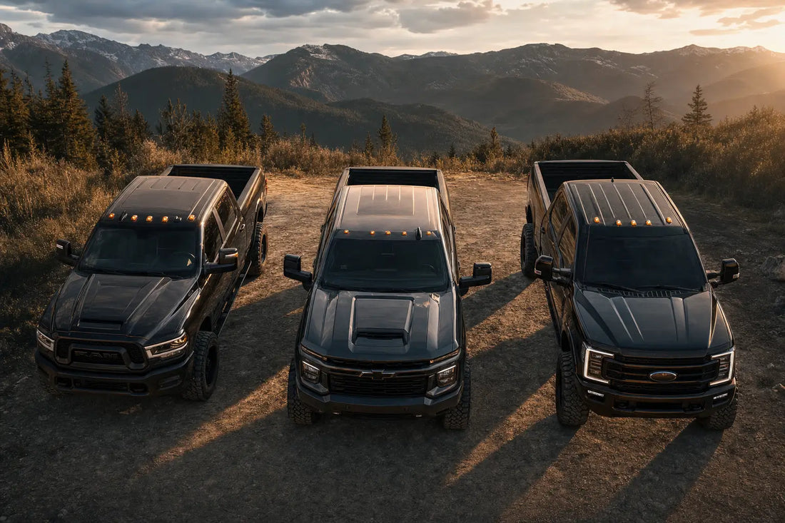 Three diesel trucks — Ram Cummins, Duramax, and Powerstroke — parked side by side on a dirt road representing DPF delete HP gains by platform
