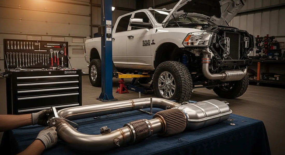Ram 2500 6.7L Cummins on jack stands with DPF and SCR canisters removed, high-flow 4-inch delete pipe staged for installation during a full delete kit install