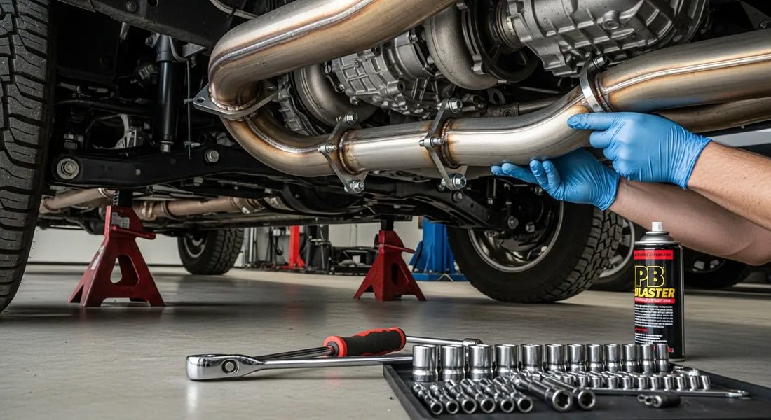 Mechanic installing a 4-inch DPF delete pipe on a 2017 Ram 2500 6.7L Cummins under workshop lighting, with torque wrench and socket set visible on garage floor