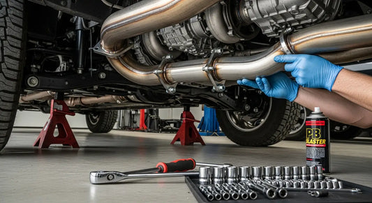 Mechanic installing a 4-inch DPF delete pipe on a 2017 Ram 2500 6.7L Cummins under workshop lighting, with torque wrench and socket set visible on garage floor