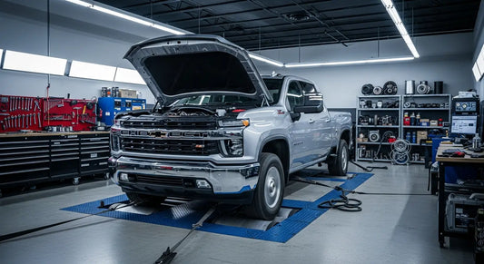 2020 Chevy Silverado 2500HD with 6.6L L5P Duramax on a chassis dynamometer during horsepower testing after delete and tune, producing up to 594 rear-wheel horsepower