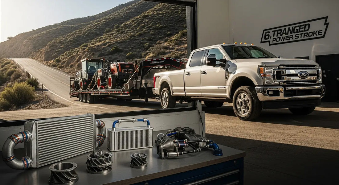 Modified Ford Power Stroke 6.7 diesel truck with upgraded turbo and intercooler components visible under hood.