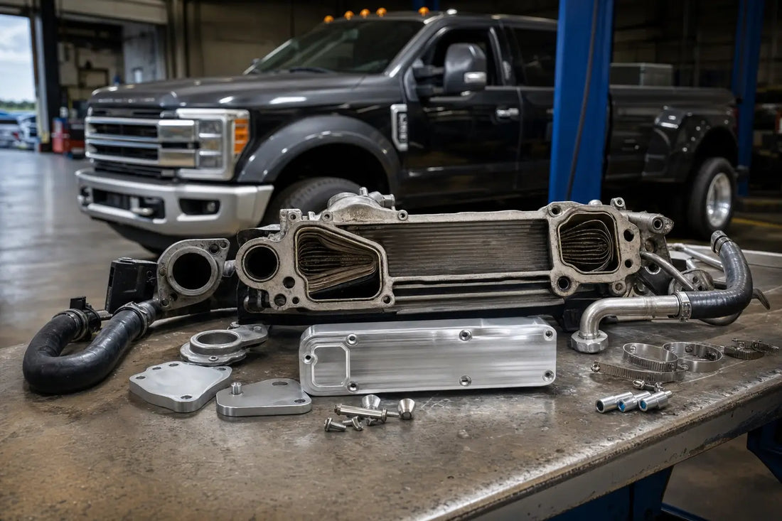 Billet aluminum EGR delete block-off plate for 6.7 Powerstroke next to OEM EGR cooler in a diesel performance shop
