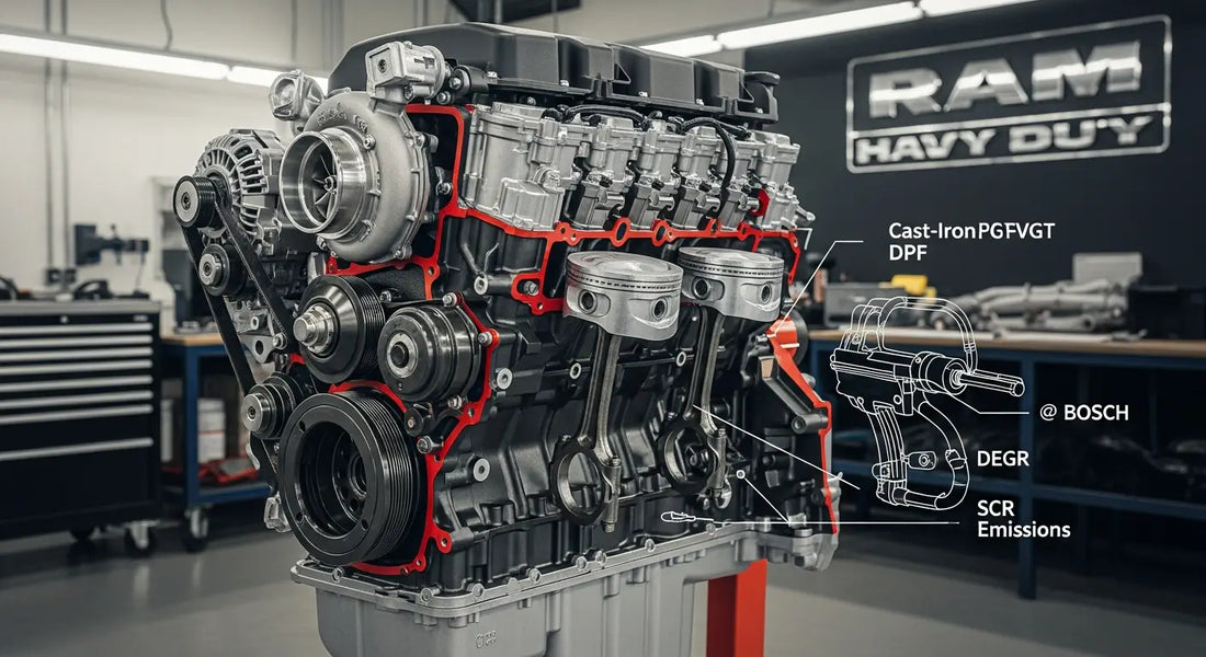 Cummins 6.7L diesel engine block showcasing turbocharger and injection system components in detail