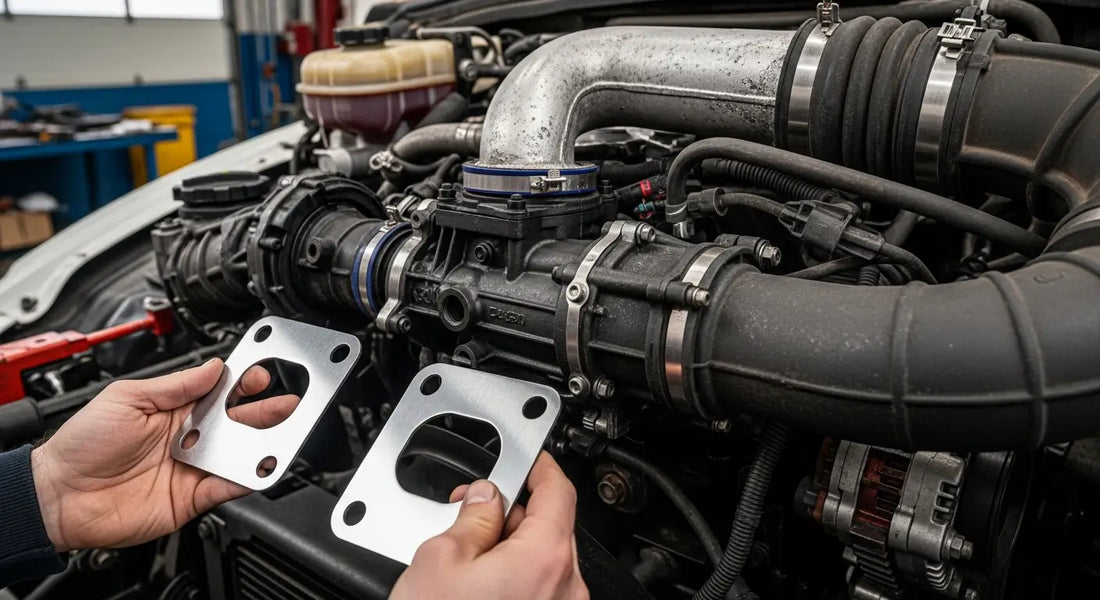 Modern diesel truck engine bay showing EGR valve system components and intake manifold assembly.