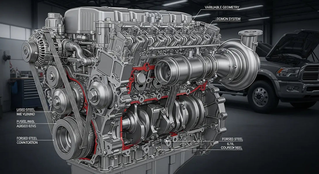 Cummins 6.7 diesel engine block displaying inline-six cylinder design and robust internal construction components.