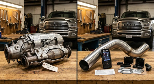 Factory DPF assembly next to a 4-inch stainless delete pipe and ECM tuner device on a shop workbench