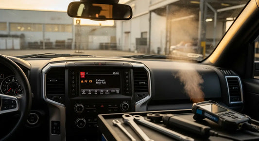 Modern diesel truck engine bay showing DPF regeneration system components during maintenance procedure.