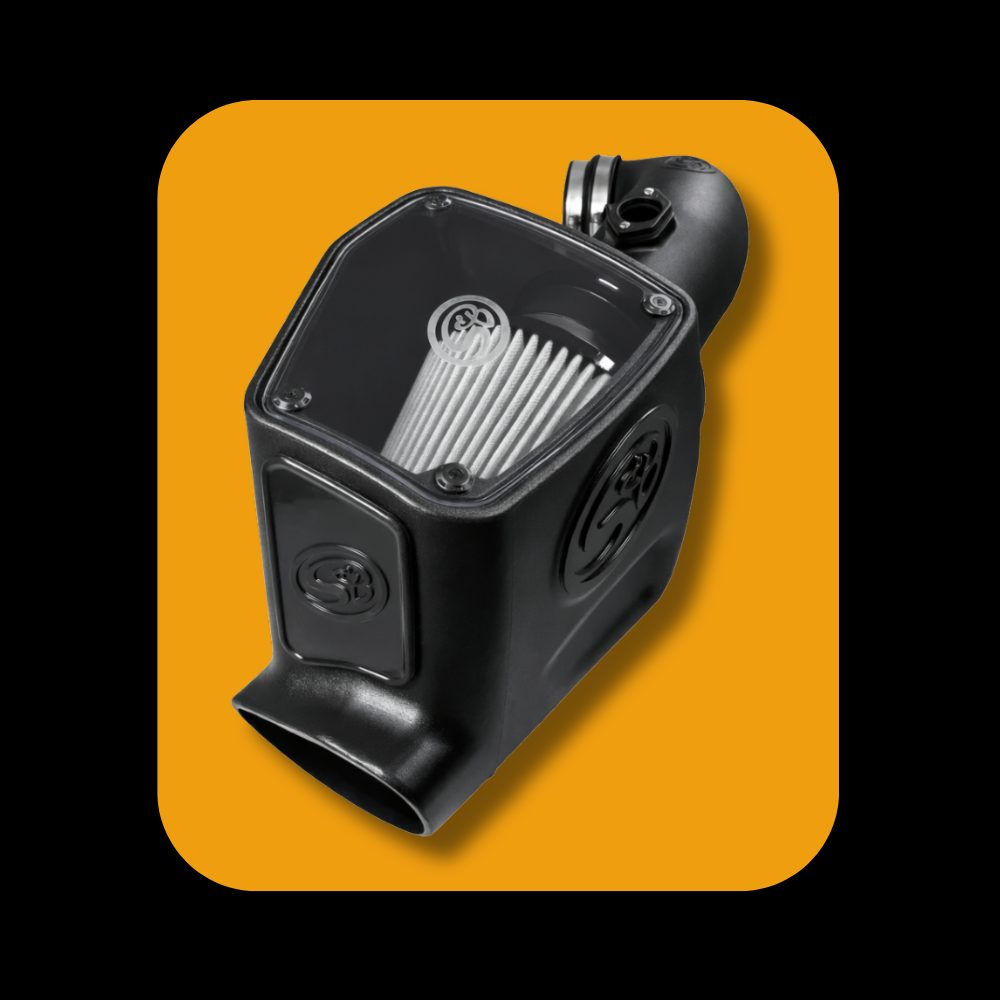 S&B cold air intake system installed on Ford 6.4L Powerstroke diesel engine, 2008-2010 model years.