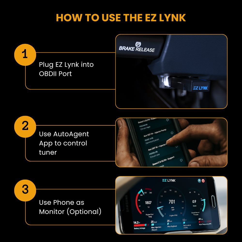 Ez Lynk Auto Agent 3 tuner device for Ford 3.0L Powerstroke diesel engines, 2018-2019 models.
