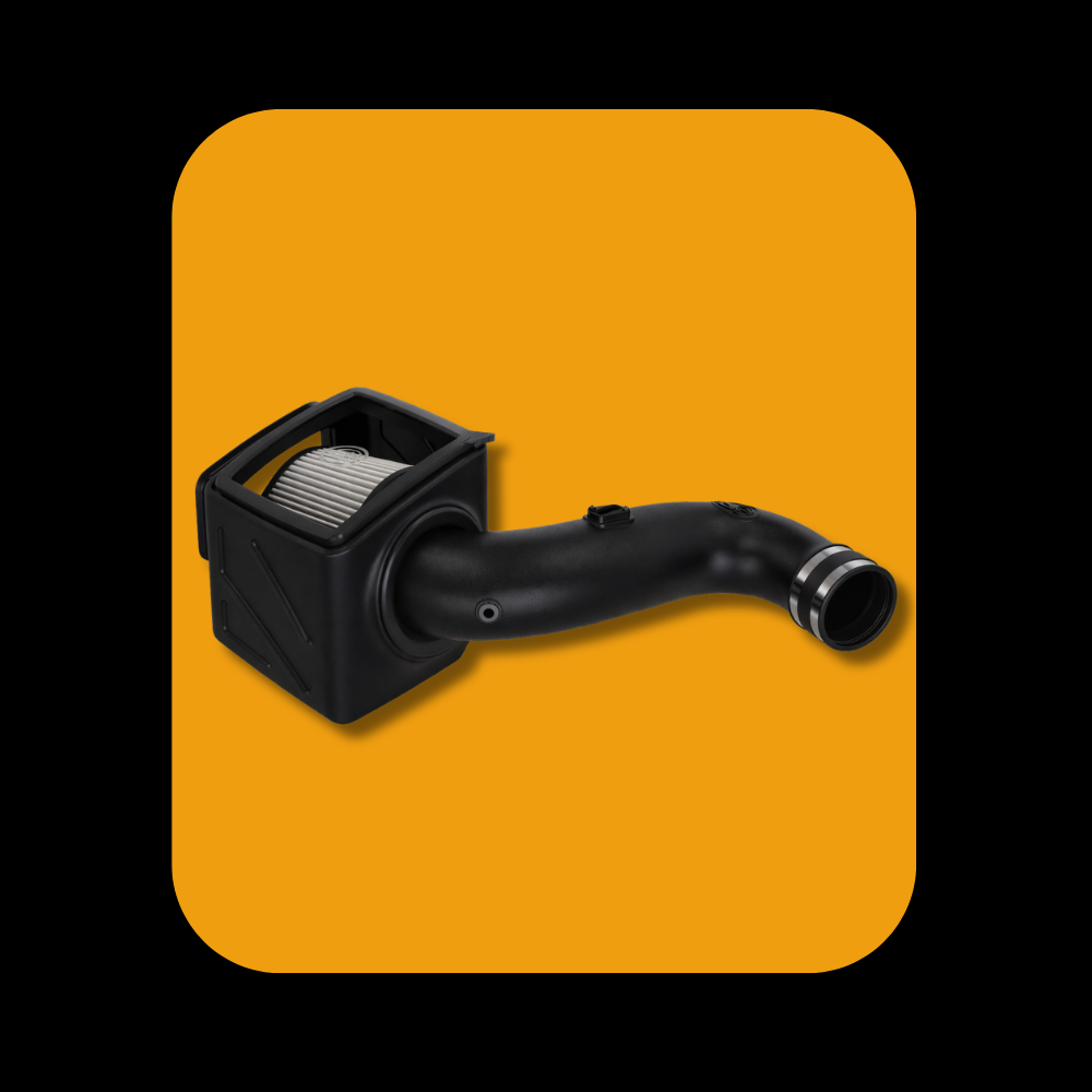 S&B cold air intake system installed on GM Duramax LMM 6.6L diesel engine, 2007.5-2010 models.