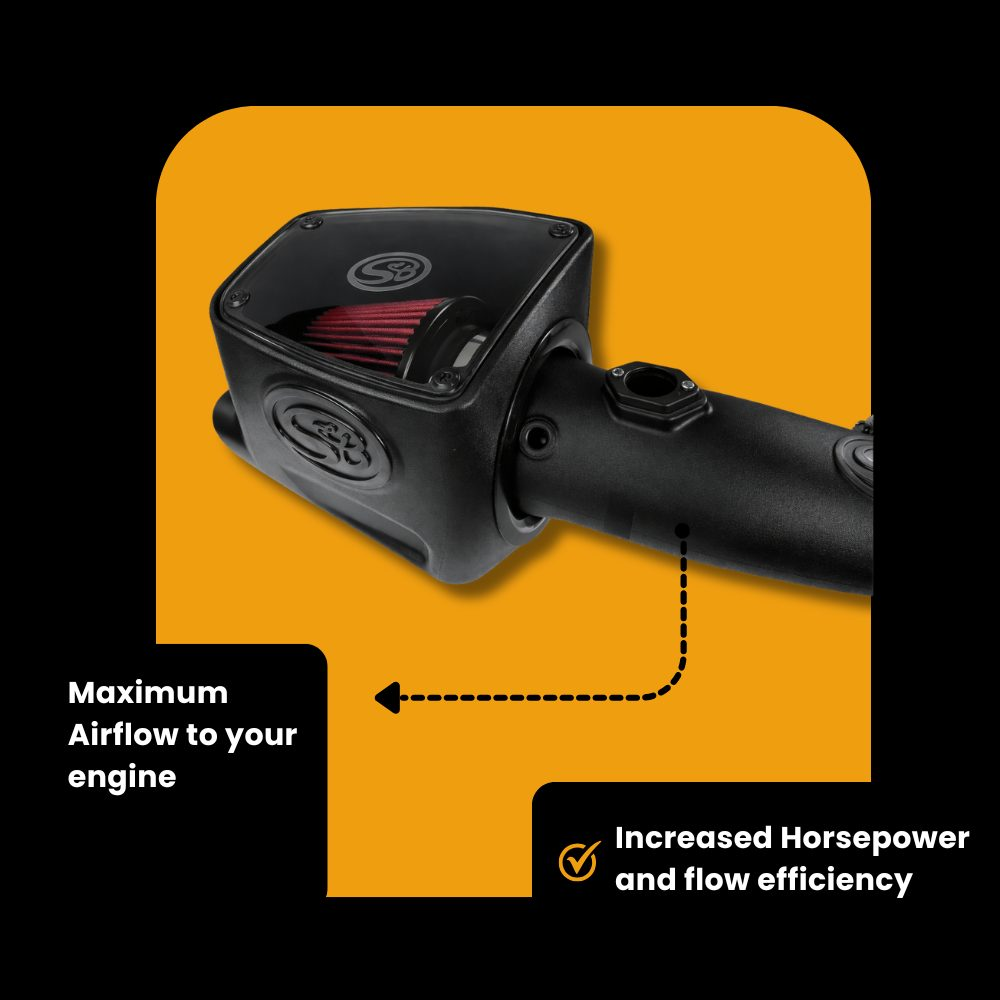 S&B cold air intake system installed on Ford 6.4L Powerstroke diesel engine, 2008-2010 model years.
