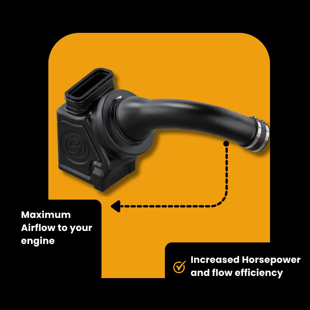 S&B Cold Air Intake system installed on Ford 6.7L Powerstroke diesel engine, 2017-2019 model years.