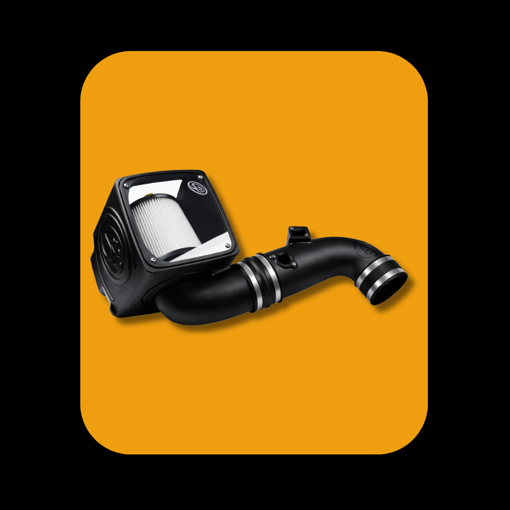 S&B Cold Air Intake system installed on GM Duramax LML 6.6L diesel engine, 2011-2016 model years.