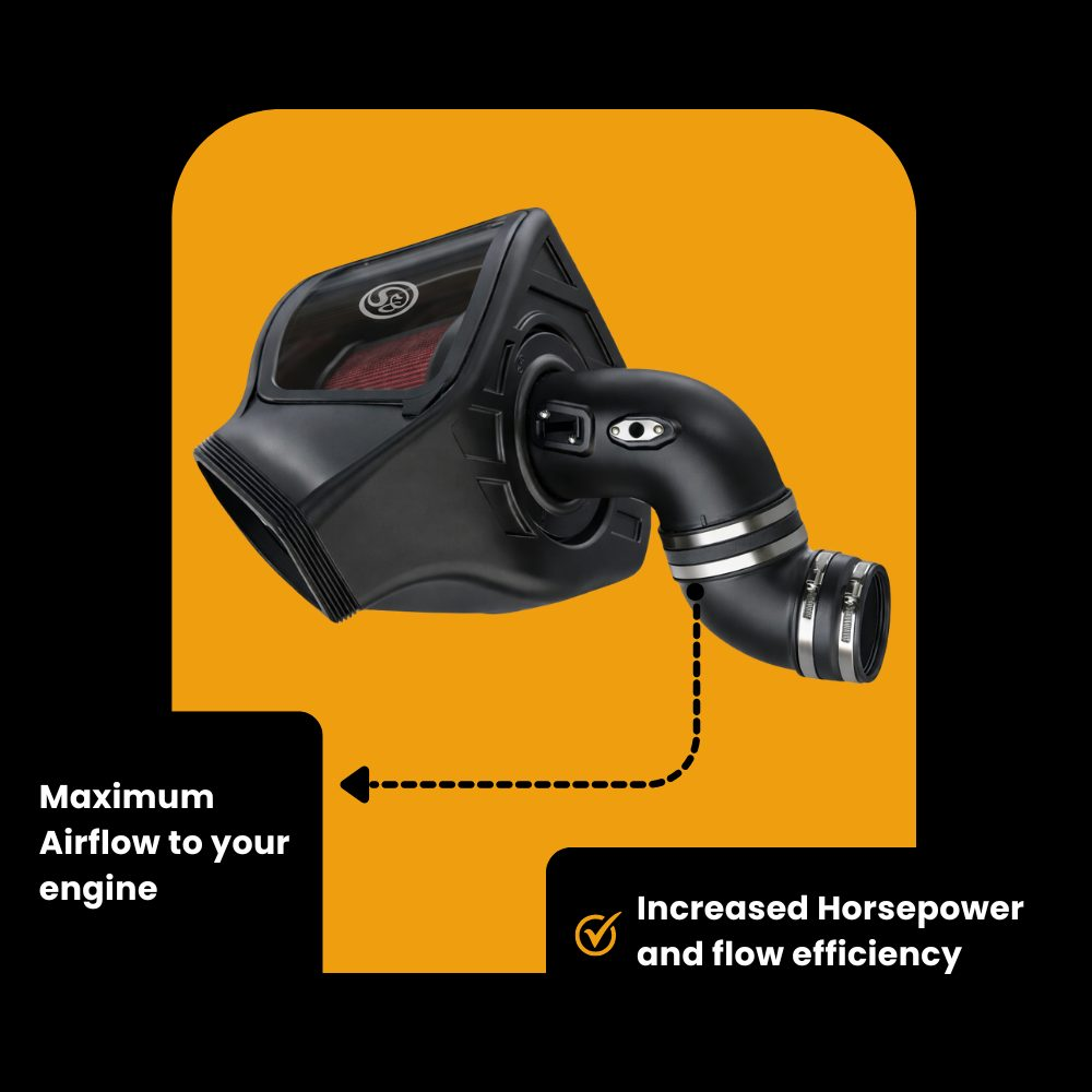 S&B cold air intake system installed on Ram Cummins 6.7L diesel truck, 2019-2024 models.