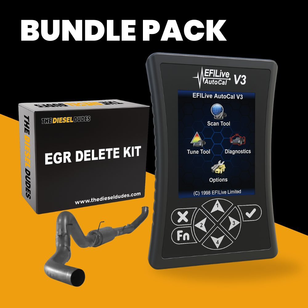 Ram Cummins 6.7 full delete bundle components and muffler displayed for 2010-2012 diesel trucks.