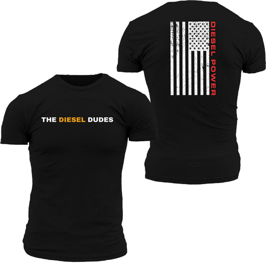 Two Diesel Power graphic t-shirts displayed side-by-side, showcasing front and back designs by SunFrog Solutions.