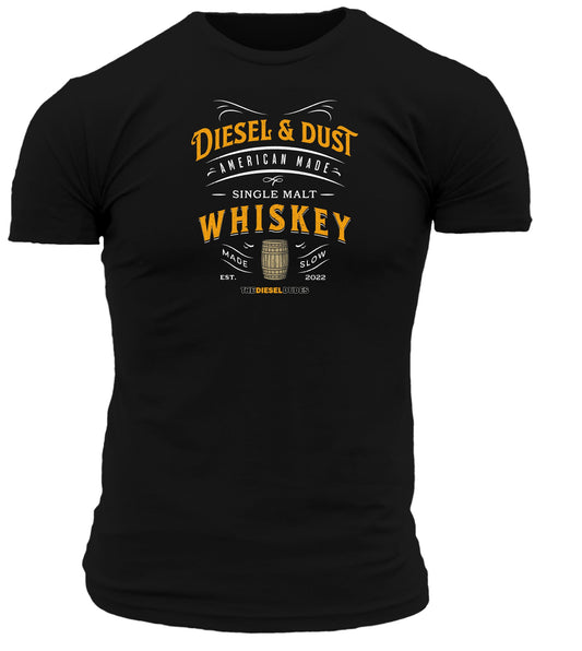 Black t-shirt featuring "Diesel and Dust" whiskey brand graphic design on front chest area.